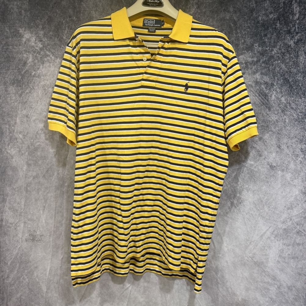Ralph Lauren Polo Shirt‎ Mens XL Yellow Blue Striped Short Sleeve Golf Preppy